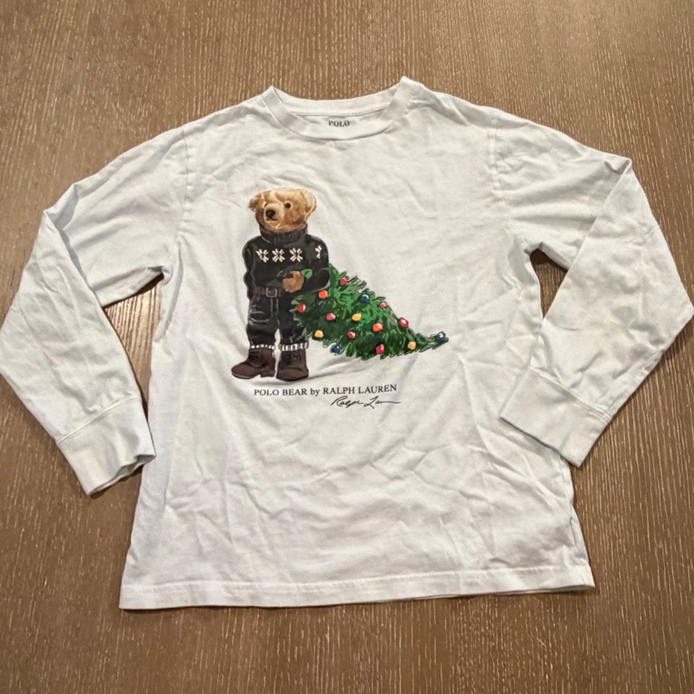 Polo Ralph Lauren Boys M 10-12 Polo Bear Christmas Tree Long Sleeve T-Shirt